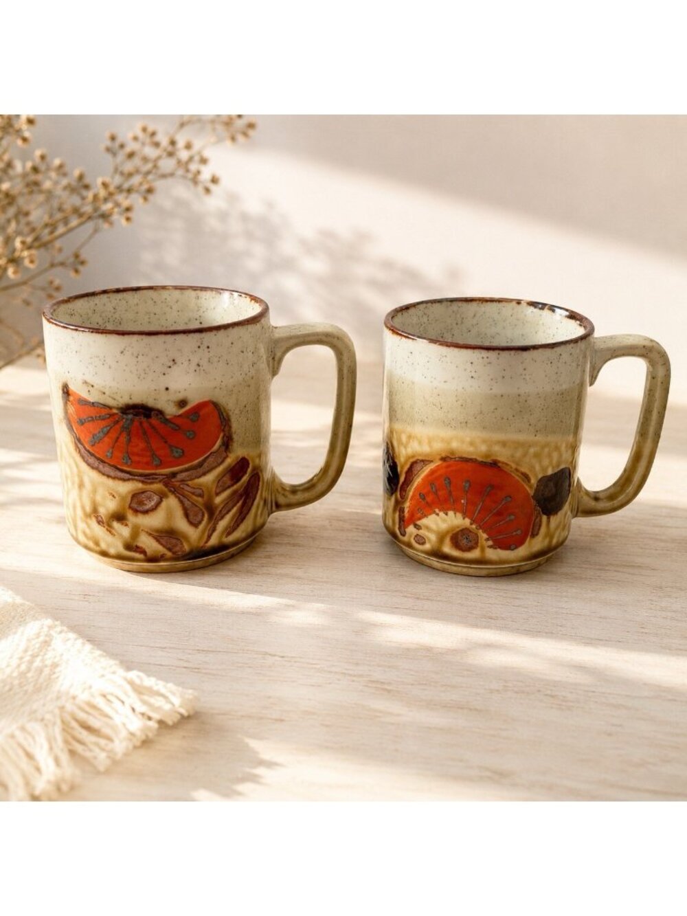 Vintage 70s Stoneware Handpainted Coffee Mugs Set of 2 Floral Orange Boho Retro